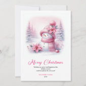 可愛いピンクの雪だるま クリスマス 子供用 カード 編集可能 (正面)