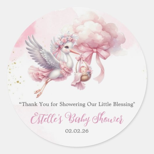 可愛いピンクの雲コウノトリ赤ちゃん女の子シャワーステッカー ラウンドシール (正面)