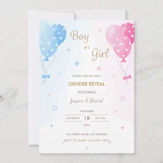 可愛いピンクの青い風船の男の子と女の子の性暴露 招待状 (正面)
