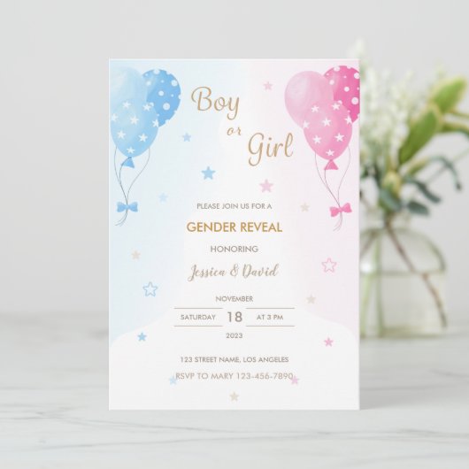 可愛いピンクの青い風船の男の子と女の子の性暴露 招待状 (スタンド正面)