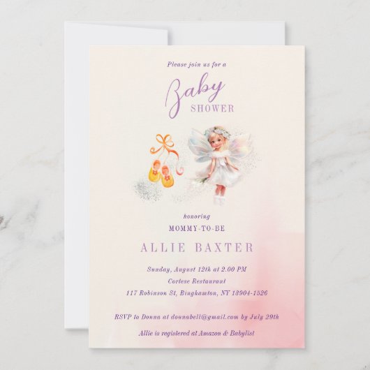 可愛いピンクの靴フェアリーほこり女の子ベビーシャワー 招待状 (正面)