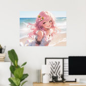 可愛いピンクの髪のアニメの女の子のビーチ ポスター (ホームオフィス)