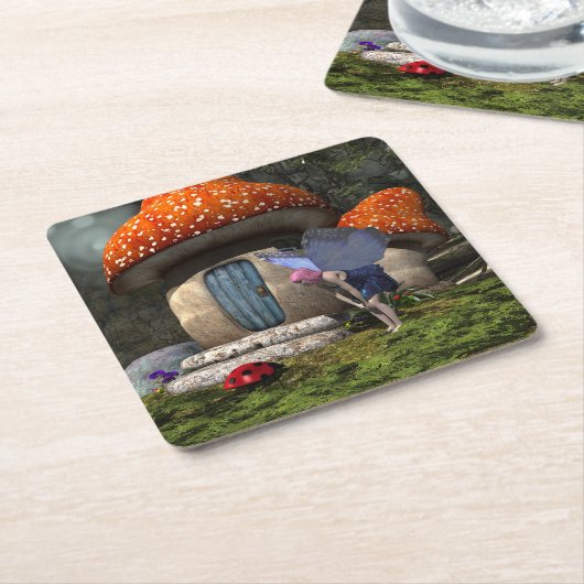 可愛いピンクの髪の妖精がレディバグに出会う スクエアペーパーコースター (アングル)