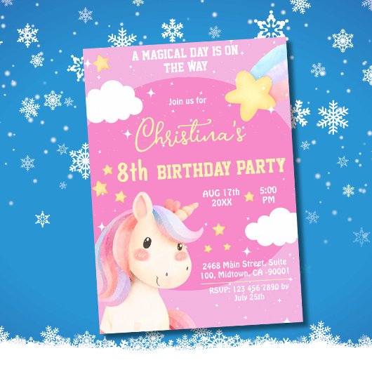 可愛いピンクの魔法モダンのユニコーンのスター8歳の誕生日 招待状