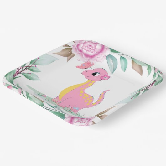 可愛いピンクの黄色の恐竜の蝶の赤ちゃんシャワー ペーパープレート (傾斜あり)