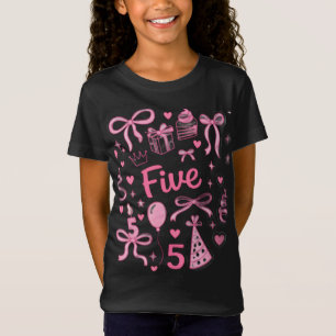 可愛いピンクの5歳の誕生日おめでとう女の子のTシャツ リボン5つパーティーD Tシャツ