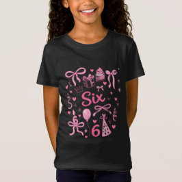 可愛いピンクの6歳の誕生日ガールTシャツ 六つのリボンパーティー デ Tシャツ