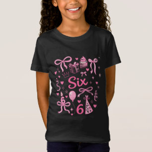 可愛いピンクの6歳の誕生日ガールTシャツ 六つのリボンパーティー デ Tシャツ