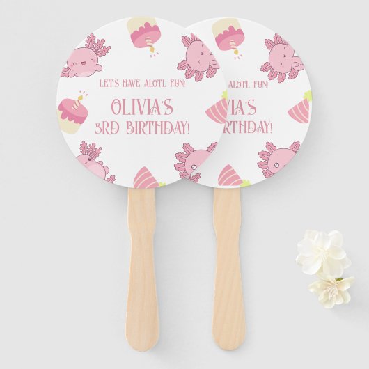 可愛いピンクアクソロトルキッズ持っているアロトルおもしろい誕生日 ハンドファン (正面&裏面)