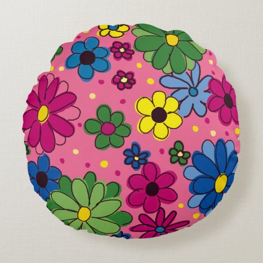 可愛いピンクカラフル花枕 ラウンドクッション (正面)