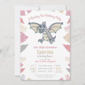 可愛いピンクグレータン恐竜キッズバースデーパーティー 招待状 (正面)