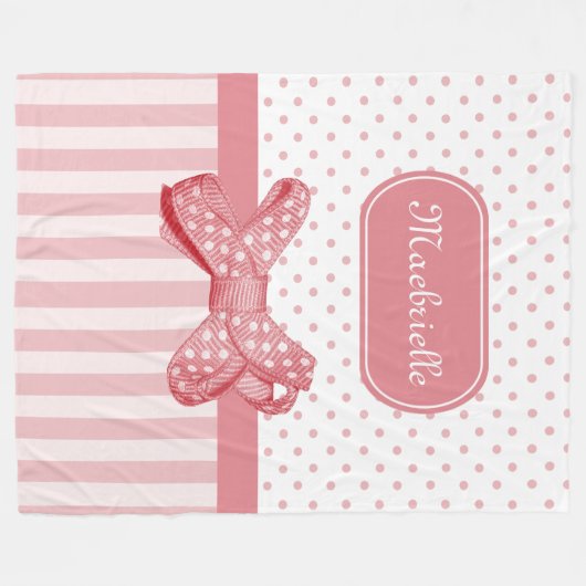 可愛いピンクストライプのガーリー水玉模様弓の名前 フリースブランケット (正面(横))