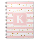 可愛いピンクストライプの金ゴールドドット任意のモノグラム ノートブック (正面)