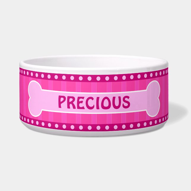可愛いピンクストライプ色の子骨と前大きな犬丼 ボウル (正面)