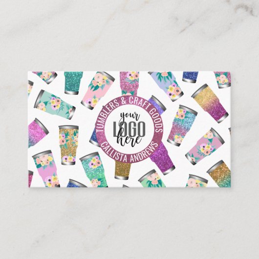 可愛いピンクティール（緑がかった色）フローラグリッタータンブラーのクレフターロゴ 名刺 (正面)