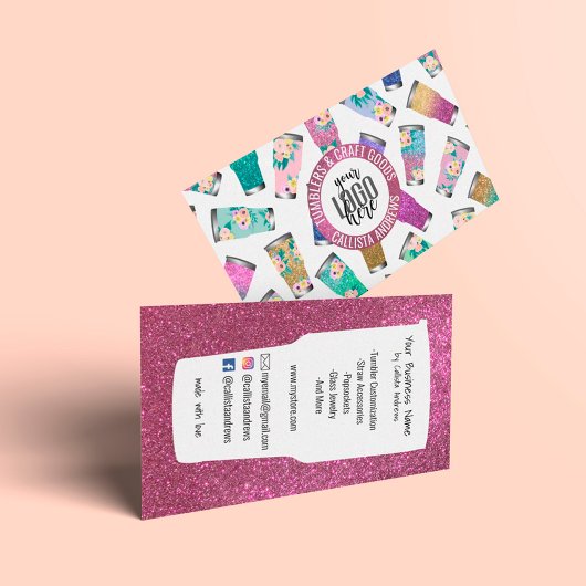 可愛いピンクティール（緑がかった色）フローラグリッタータンブラーのクレフターロゴ 名刺