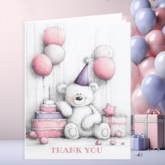 可愛いピンクテディベア サンキューカード