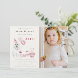 可愛いピンクドッグ任意の年齢誕生日写真パーティー招待状 サンキューカード