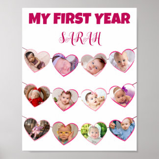 可愛いピンクハート初年度12写真コラージュ ポスター