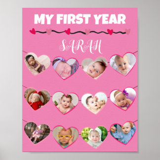 可愛いピンクハート初年度12写真コラージュ ポスター