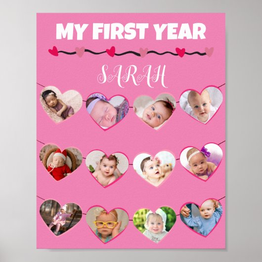 可愛いピンクハート初年度12写真コラージュ ポスター (正面)
