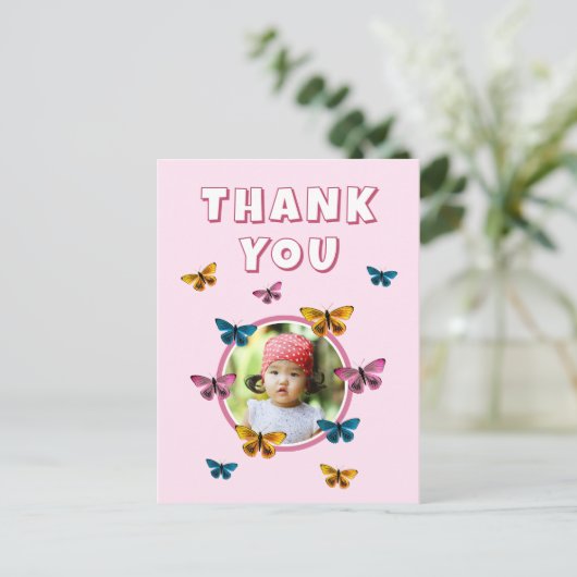可愛いピンクバタフライありがとう誕生日写真 ポストカード (スタンド正面)