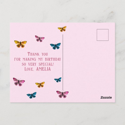 可愛いピンクバタフライありがとう誕生日写真 ポストカード (裏面)