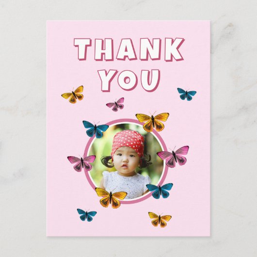 可愛いピンクバタフライありがとう誕生日写真 ポストカード (正面)