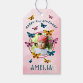 可愛いピンクバタフライガール誕生日写真 ギフトタグ (正面)