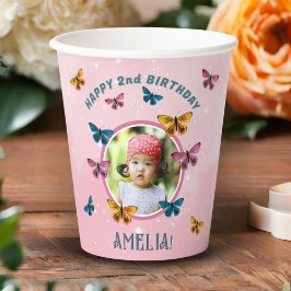 可愛いピンクバタフライガール誕生日写真 紙コップ