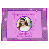 可愛いピンクパープルハート16誕生日カスタム写真 ラージペーパーバッグ (正面)