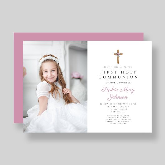 可愛いピンクフローラクロスフォトガールファースト聖餐式 招待状