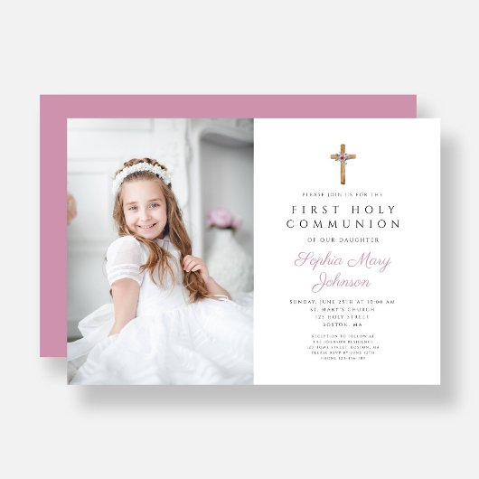 可愛いピンクフローラクロスフォトガールファースト聖餐式 招待状