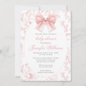 可愛いピンクフローラコケット弓ベビーガールシャワー 招待状 (正面)