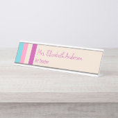 可愛いピンクブルーとベージュストライプの先生名 デスクネームプレート (正面)