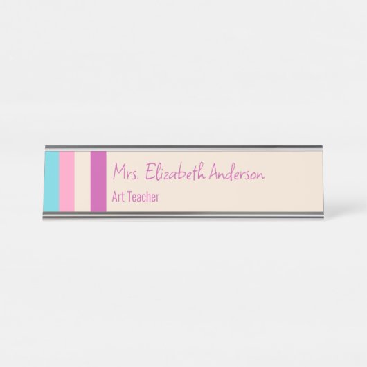 可愛いピンクブルーとベージュストライプの先生名 デスクネームプレート (正面)