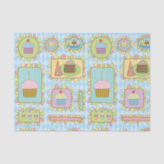 可愛いピンクブルーカップケーキデザートバースデーパーティー 薄葉紙 (正面)