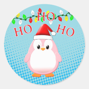 可愛いピンクペンギンサンタハットクリスマスライト ラウンドシール