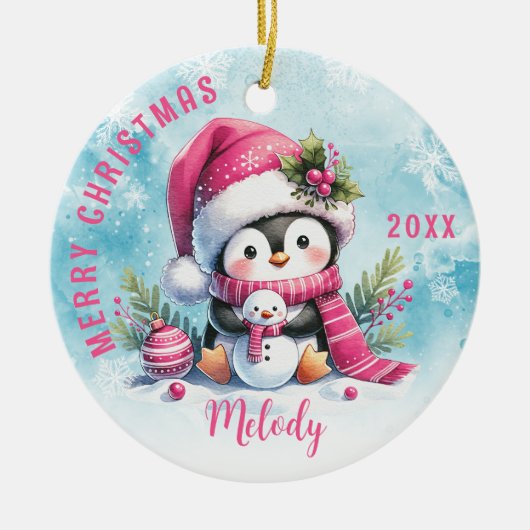 可愛いピンクペンギン女の子名メリークリスマス セラミックオーナメント (正面)