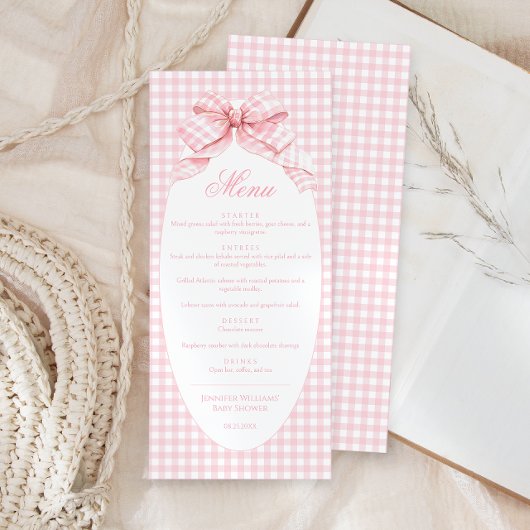 可愛いピンクボウコケット赤ちゃんガールシャワーメニュー メニュー