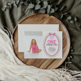可愛いピンクボウコケット1st誕生日の写真 サンキューカード