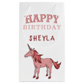 可愛いピンクユニコーンハッピーバースデーキッズネーム スモールペーパーバッグ (裏面)