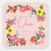 可愛いピンクラビットバニーガールバースデーパーティー スクエアシール (正面)