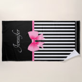 可愛いピンクリボンブラック&ホワイトストライプの ビーチタオル (正面)