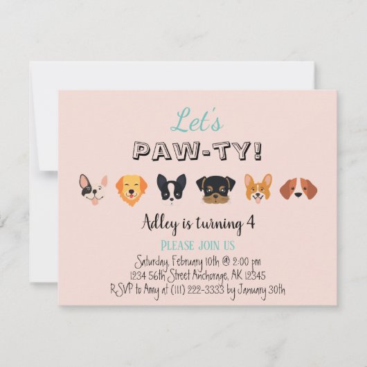 可愛いピンクレッツポーティーガールパピー誕生日パーティー 招待状 (正面)