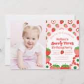 可愛いピンクレッドベリーファースト誕生日写真 招待状 (正面)