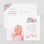 可愛いピンクローズ金ゴールドフローラ第1回誕生日写真 インビテーションポストカード (正面/裏面)