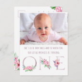 可愛いピンクローズ金ゴールドフローラ第1回誕生日写真 インビテーションポストカード (正面/裏面)