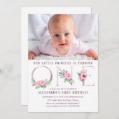 可愛いピンクローズ金ゴールドフローラ第1回誕生日写真 招待状 (正面/裏面)