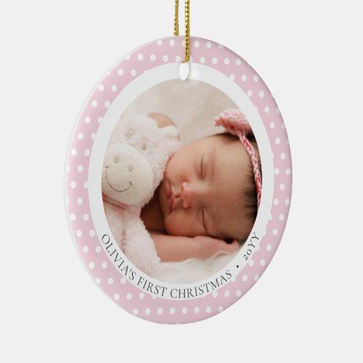 可愛いピンク写真宗教ベビーの第1クリスマス セラミックオーナメント (右)